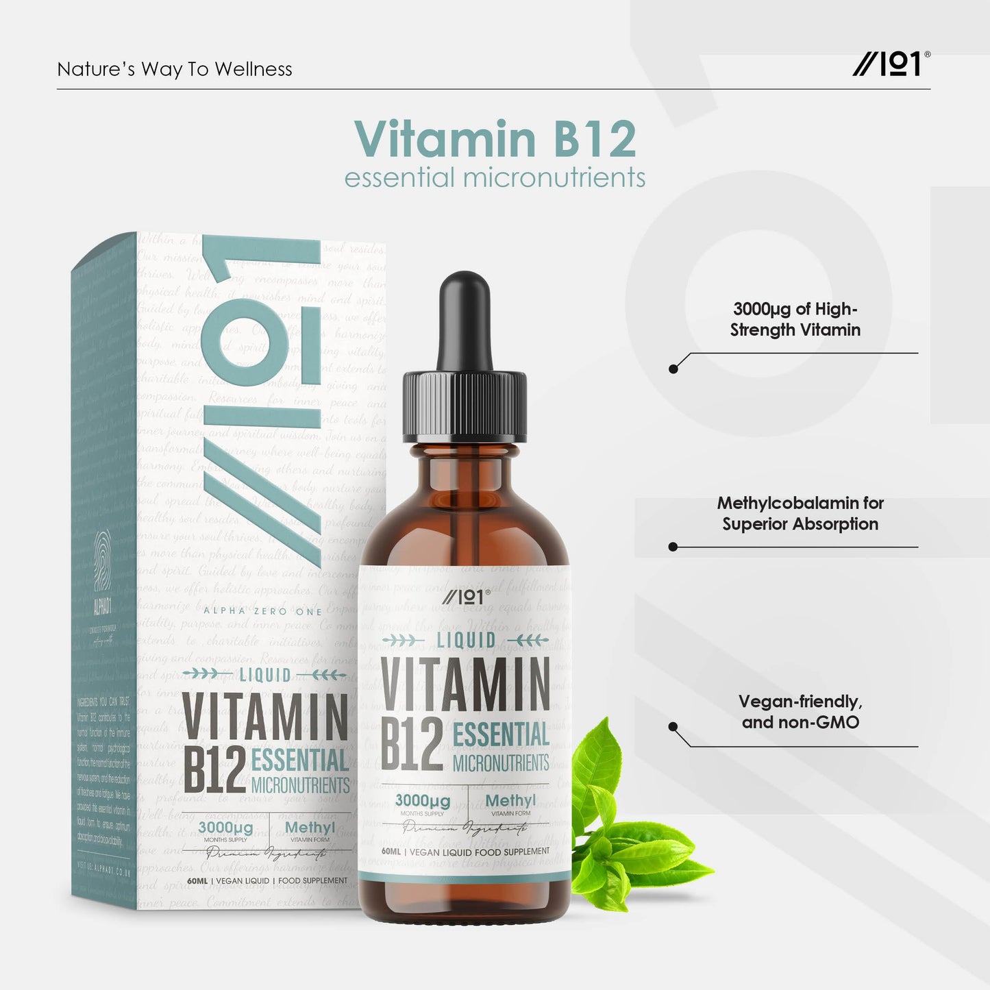 ALPHA01 Vitamin B12 Liquid Drops 3000mcg - 60ml (2 Months Supply) - High Strength Methylcobalamin Supplement - Vegan & Vegetarian Friendly - by Alpha01