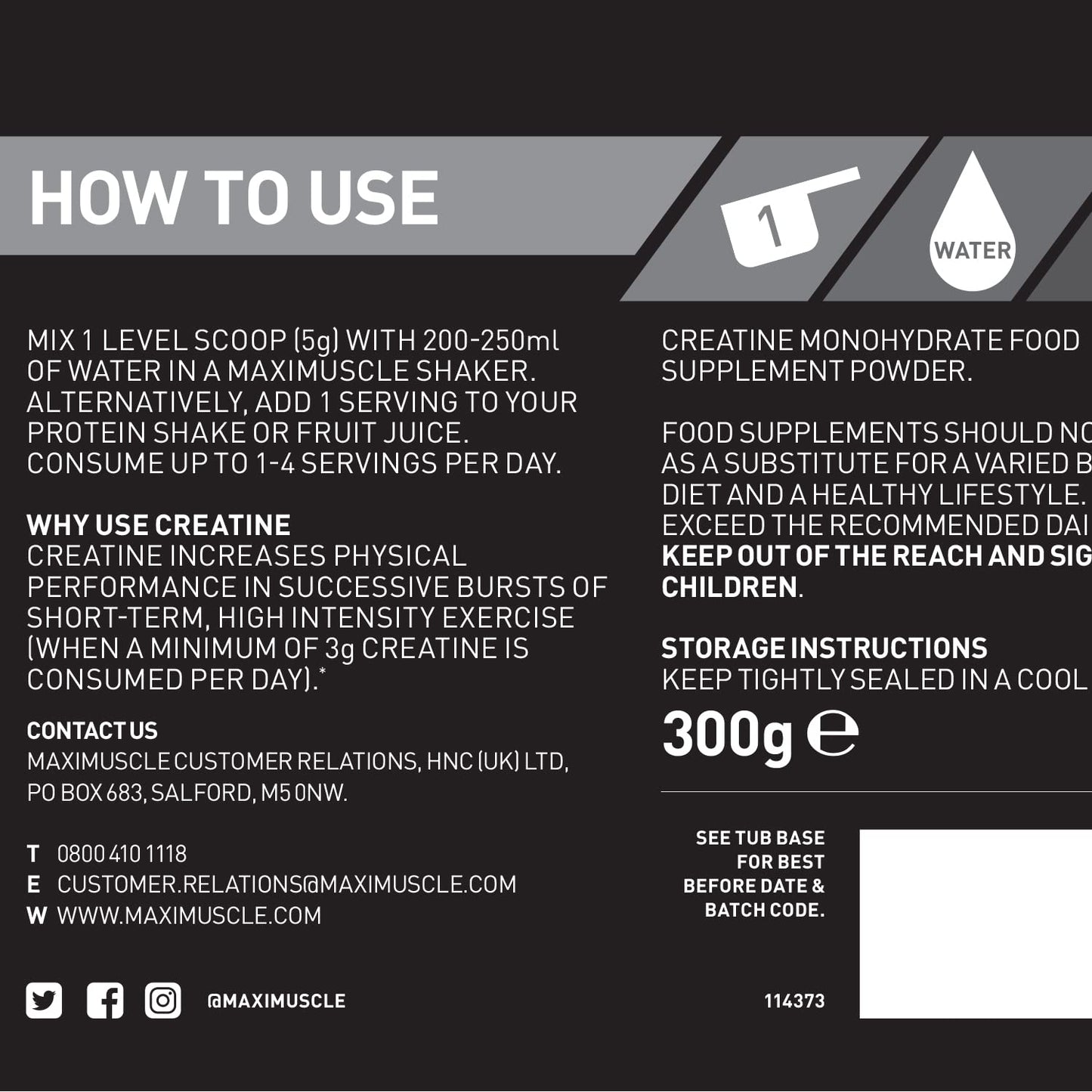 Maximuscle Creatine | Performance Boosting Creatine Monohydrate Powder | Unflavoured, 300g - 60 Servings