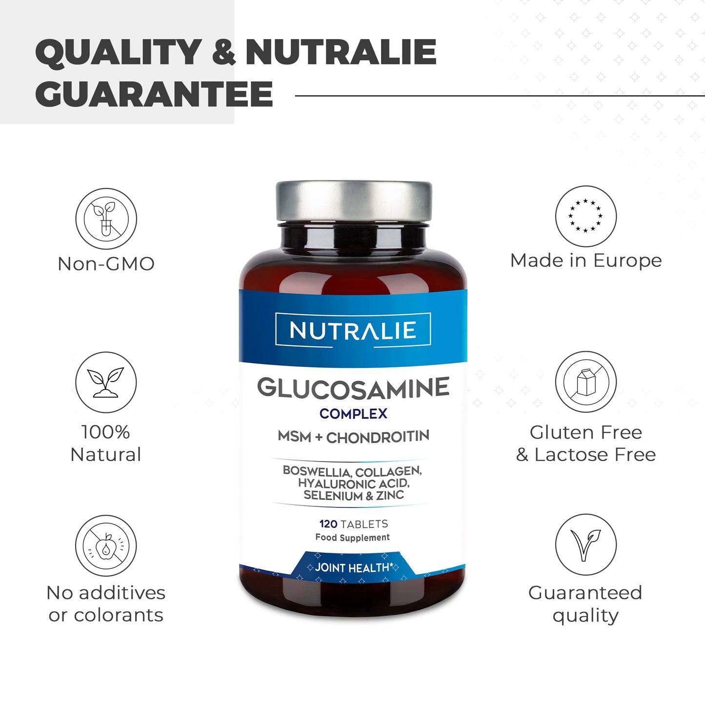 Glucosamine and Chondroitin High Strength Complex - MSM, Collagen, Hyaluronic Acid and Boswellia - Maintain Normal Bones - Glucosamine Sulphate 1500 mg - 120 Tablets NUTRALIE