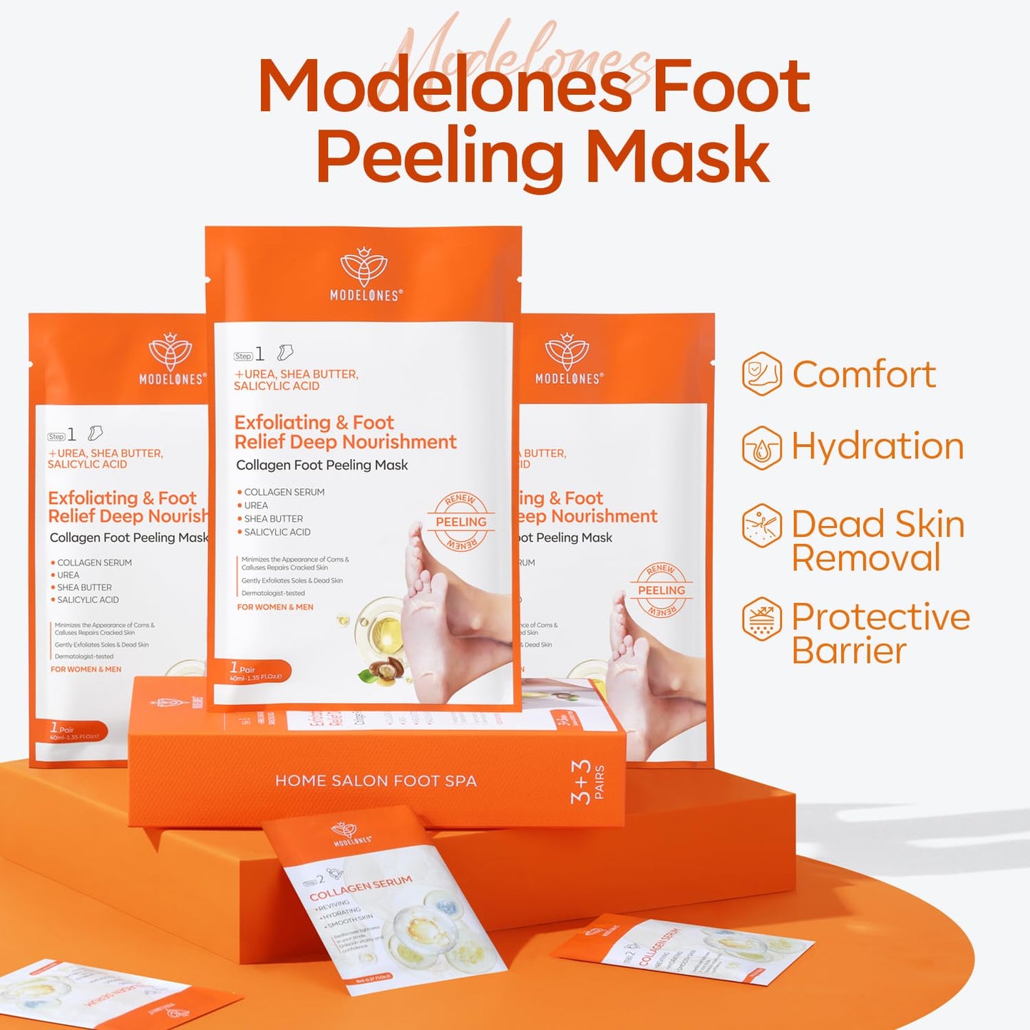 modelones Modelones Foot Peeling Mask 3 Pack, Exfoliating Foot Mask for Dry Cracked Feet, Callus Dead Skin Remover, Additional 3 Pack Collagen Serum for Reviving Baby Soft Smooth Touch Feet, Women and Man