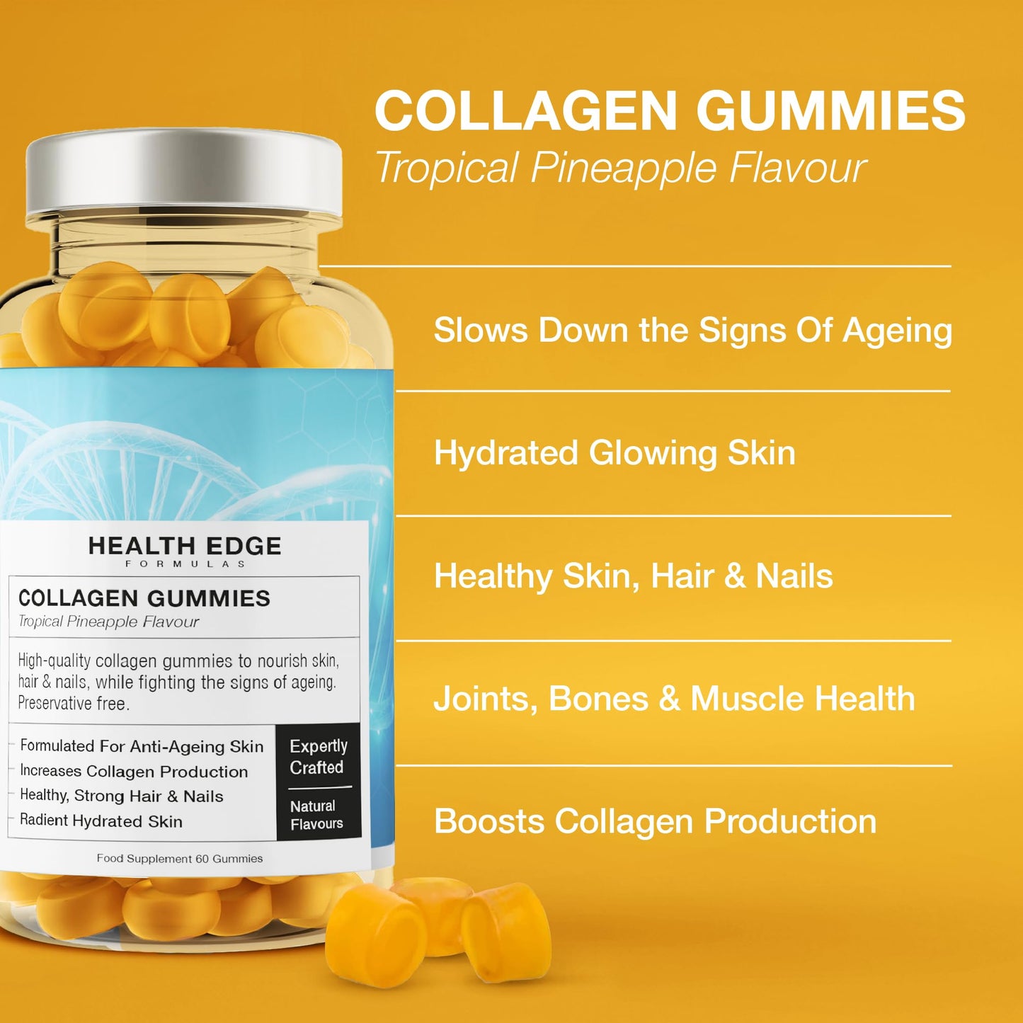 Health Edge Formulas Collagen Gummies - High Strength - for Skin, Hair, Nails, Bones, Muscles & Joints. Hydrolysed Collagen Peptides - Natural Pineapple Flavour, No Additives or Preservatives