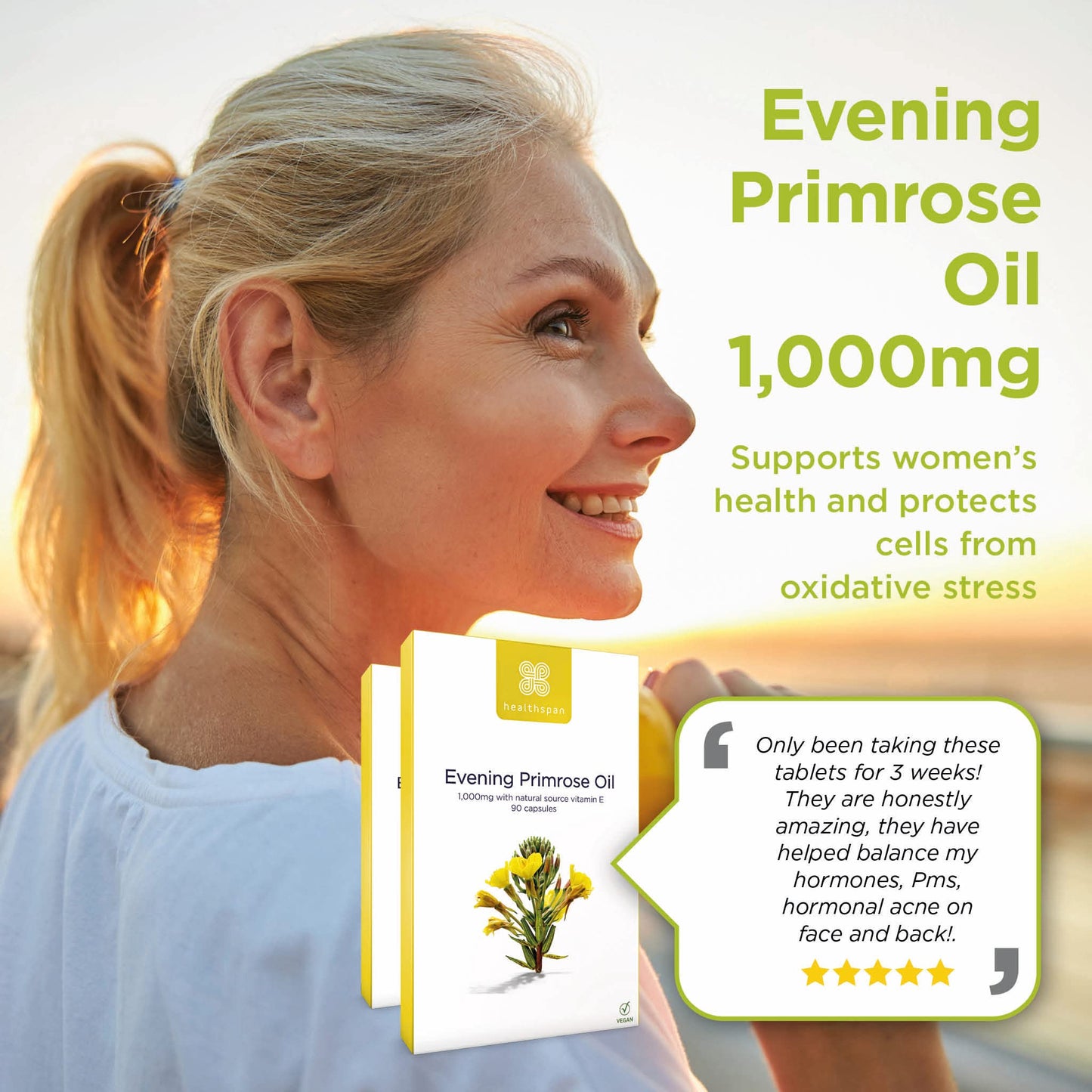 Healthspan Evening Primrose Oil 1,000mg (180 Capsules) | Maximum Strength | Supports Women's Health & Maintains Hormonal Balance | Rich Source of Omega 6 Fatty Acids | Vitamin E | Vegan