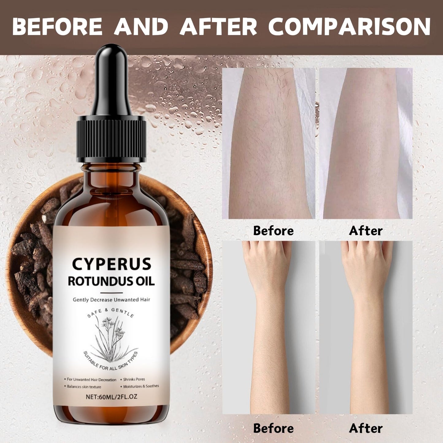 Cyperus Rotundus Oil, Natural Cyprus Rotundus Oil for Hair Removal, Hair Growth Inhibitor & Hydrating Body Oils for Smooth Skin, Reduce Unwanted Body Hair, Cyperus Oils for Face & Body, 60ml