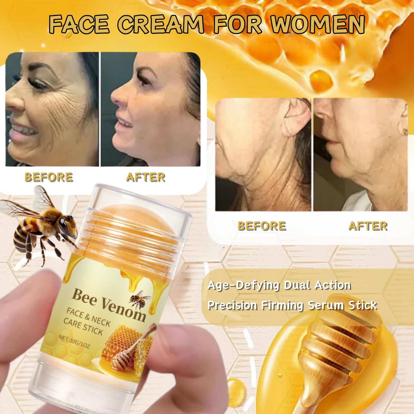 IZBEAUVO 2PCS Bee Venom Face & Neck Firming Stick - Skin Tightening Cream for Wrinkles & Double Chin Reducer, Anti-Aging Brightening Serum, Non-Greasy Portable Skincare Balm, Deep Moisturizing Collagen Boost
