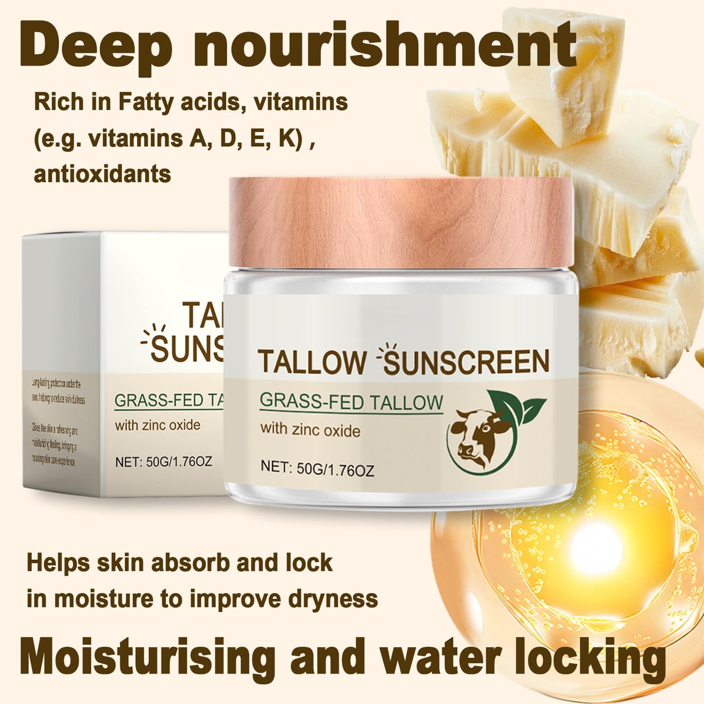 Trendyfave Beef Tallow Sunscreen SPF 50 Deeply Nourishing Organic Grass Fed Beef Tallow Skin Care Tallow Balm Beef Tallow Cream Face Cream For Dry Skin,Natural Skin Barrier, Nourishing Moisturizer