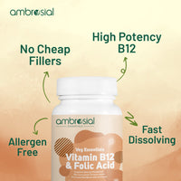 AMBROSIAL Ambrosial Vitamin B12 1000 mcg + 500 mcg Folic Acid | 1500 mcg | Folic Acid | Reduction of Tiredness & Fatigue | B12 Supplement | Immune System, Energy & Brain Support (Pack of 1-60 Capsules)