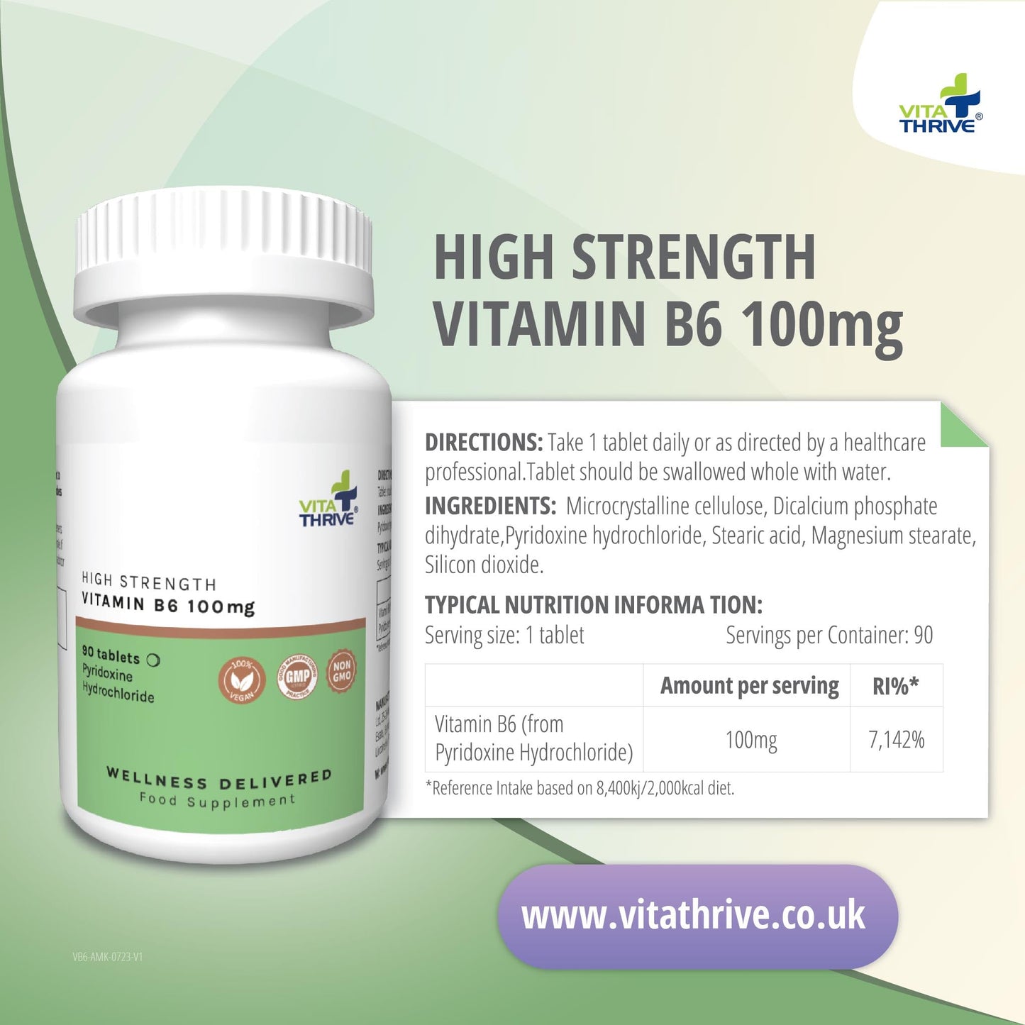 Vita Thrive VitaThrive® Vitamin B6 100mg Tablets – High Strength Pyridoxine Hydrochloride Supplement for Energy, Hormonal Regulation & Immune Support – Vegan Vitamin B6 Tablets for Men & Women – 90 Tablets