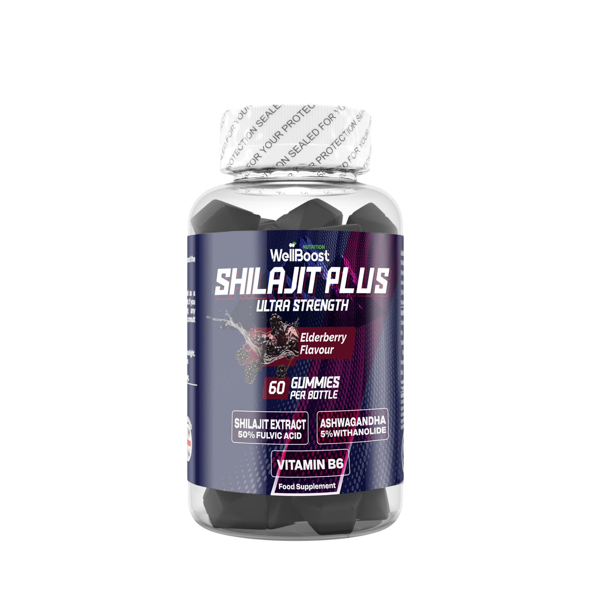 WellBoost Shilajit Plus Gummies, 200mg Shilajit Extract, 40mg Ashwagandha and 2mg Vitamin B6. Vegan with Elderberry Flavour