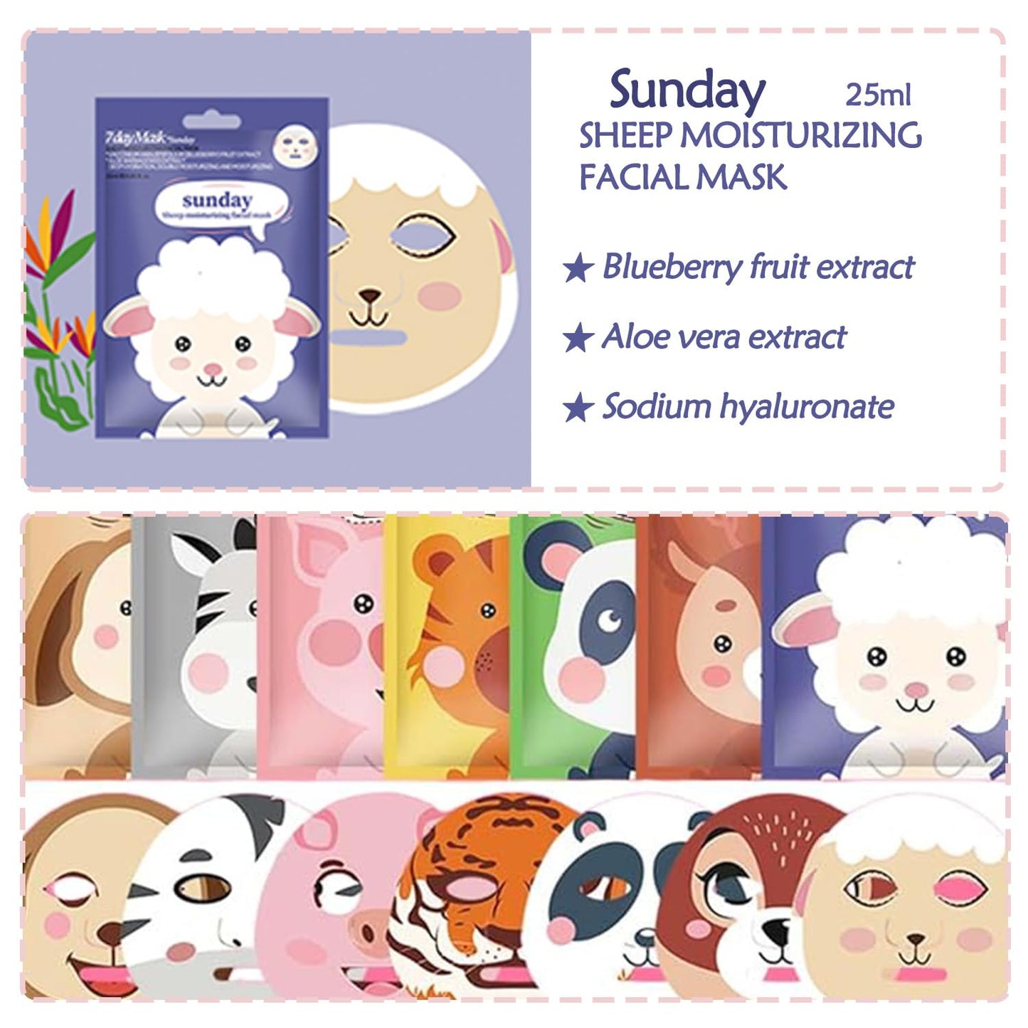 Generic Sheet Face Mask Set – 7-Pack Hydrating & Moisturizing Facial Masks, Fun Animal Print for Kids & Girls, Soothing Skincare Sheet Masks for Women, Spa Party Supplies, Self-Care Gift, Beauty Face Mask Set