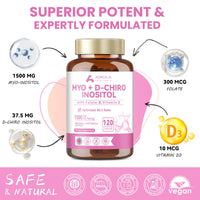 Inositol Supplement for Women with Ratio Myo-Inositol 1500mg & D-Chiro Inositol 37.5mg per Serving - Ideal 40:1 Ratio, Vitamin B8 Inositol Capsules with Folate&VIT D3 for Hormones & Ovarian, 120 Caps