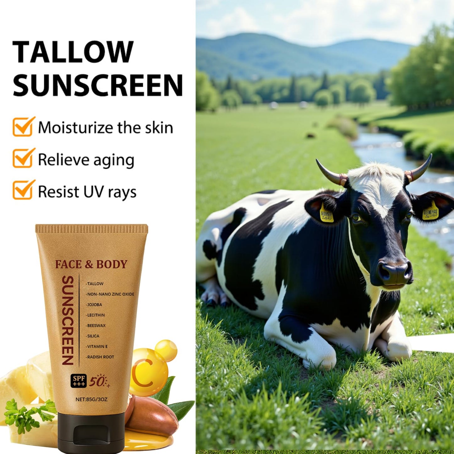 Fashion Base Tallow Sunscreen, Spf 50 Beef Tallow Sunscreen, Natural sunscreen for Face & Body, Non Nano Zinc Oxide sunscreens for All Skin Types, Lightweight, Non Greasy, 85g