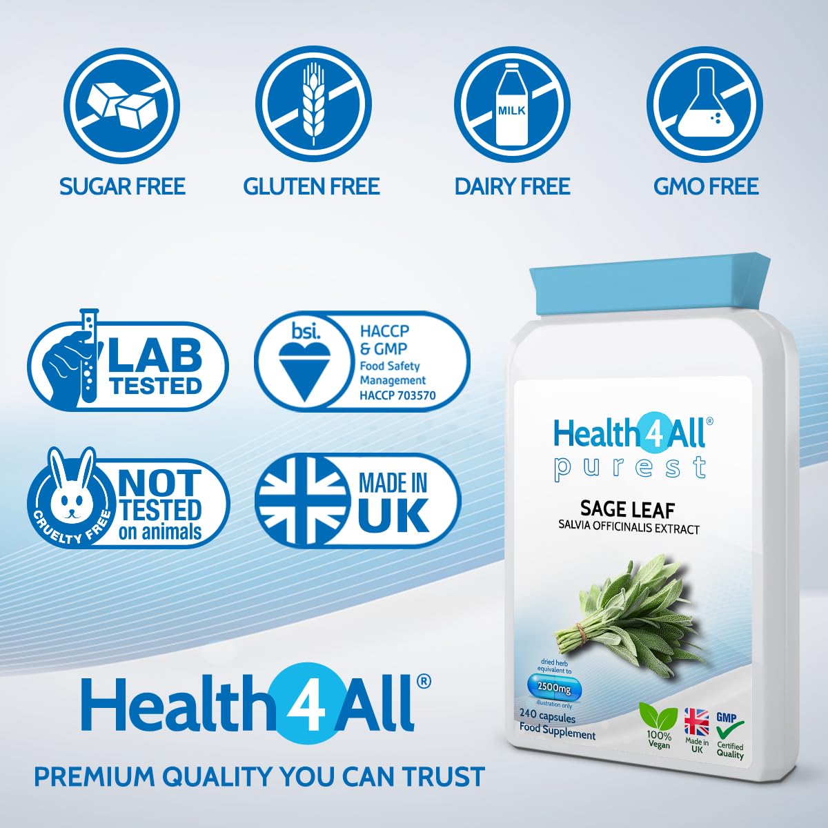 Health4All Sage Leaf 2500mg 240 Capsules (8 Month Supply) Purest: no additives Sage Leaf Capsules (not Tablets) for Menopause Support Vegan Supplement