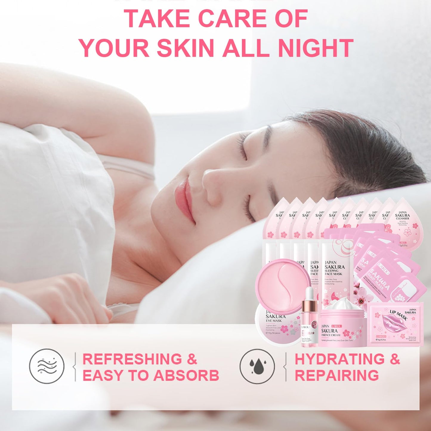 Shengqialun Skin Care Sets & Kits, 24PC Cherry Blossom Skincare Set Skin Care for Teenage Girls, Pamper Sets for Women with Face Cream,Face Serum,Lip Mask,Sleep Mask,Eye Mask,Mud Mask,Cleanser