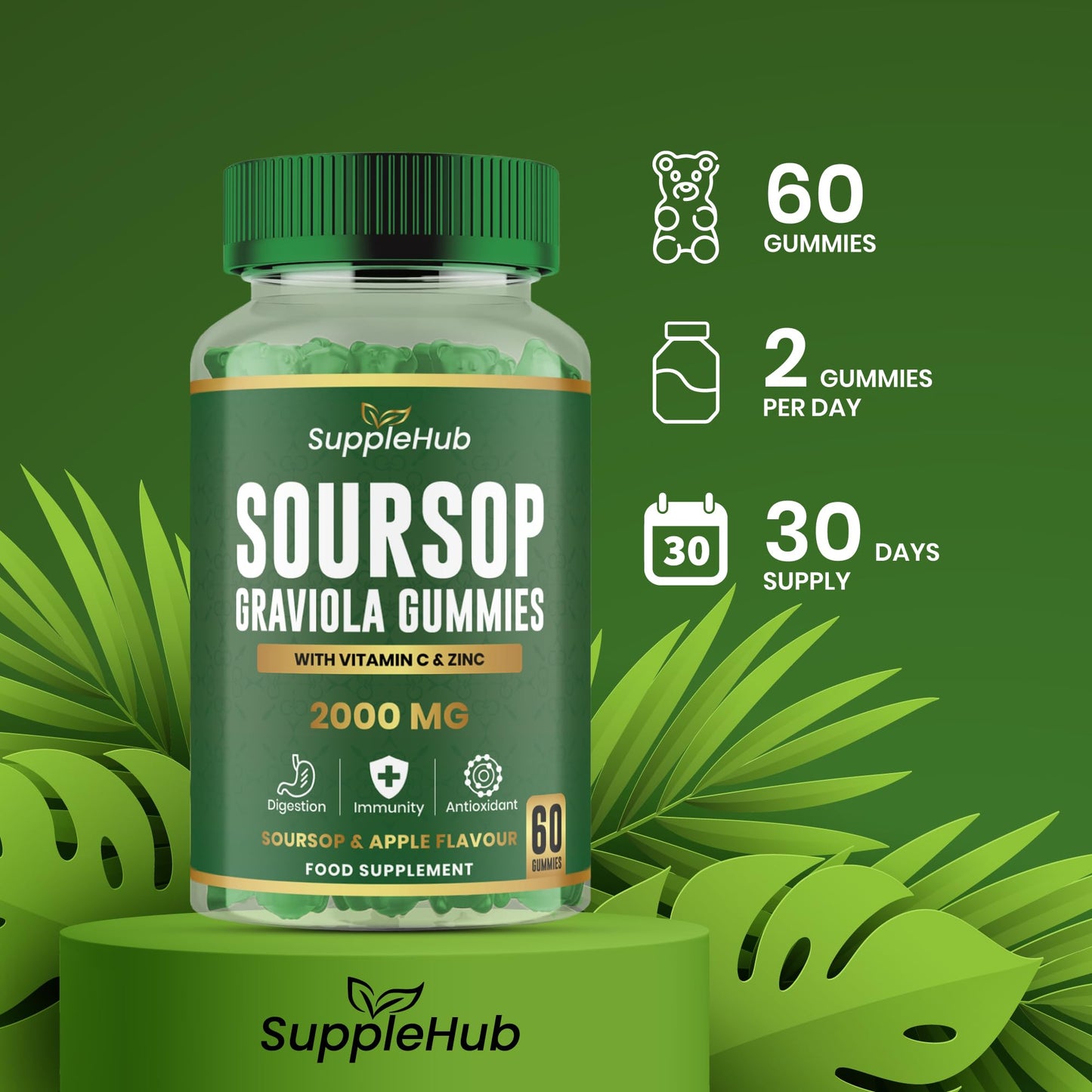 SuppleHub Soursop Gummies 2000mg – with Vitamin C & Zinc – Immune Support, Antioxidant – Gluten-Free, Vegan, Apple Flavour – 60 Gummies