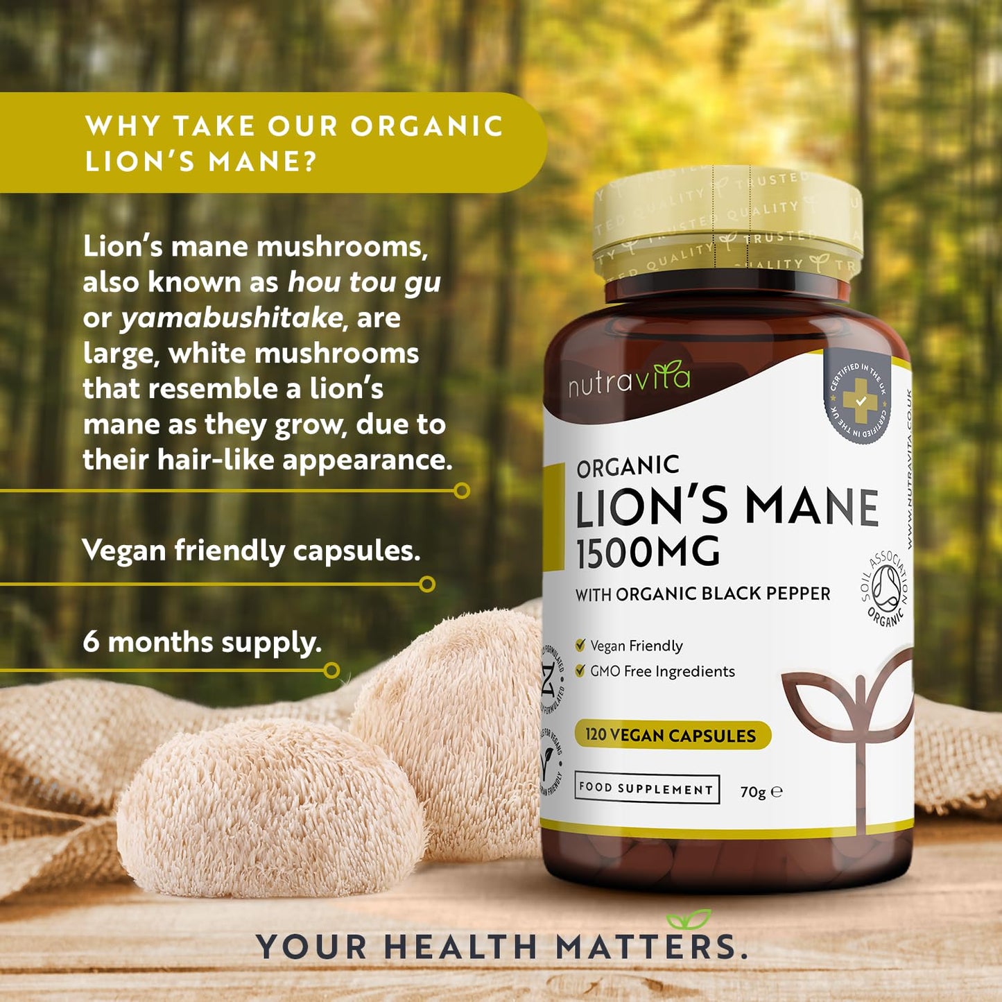 Organic Lions Mane Mushroom 1500mg - 120 High Strength Vegan Capsules (Not Powder) - Lions Mane Supplement with Organic Black Pepper - Made in The UK by Nutravita