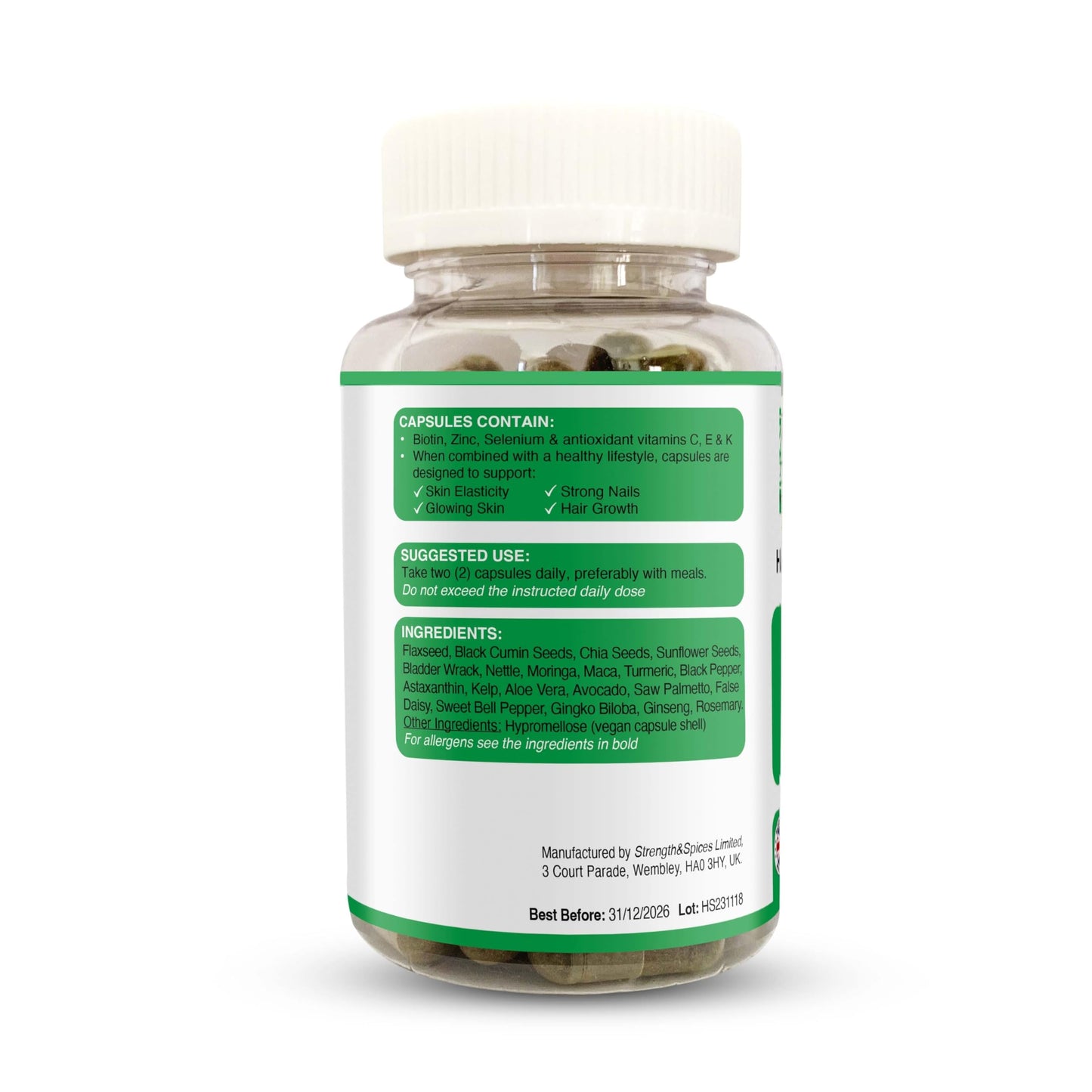 STRENGTH & SPICES100% Natural Vegan Food Supplements Strength & Spices Hair, Skin & Nails 100% Natural Supplement – 20 Ingredients w Biotin Selenium & Zinc - 60 Vegan UK Made 1000mg Capsules – Hair & Nails Growth, Collagen Formation