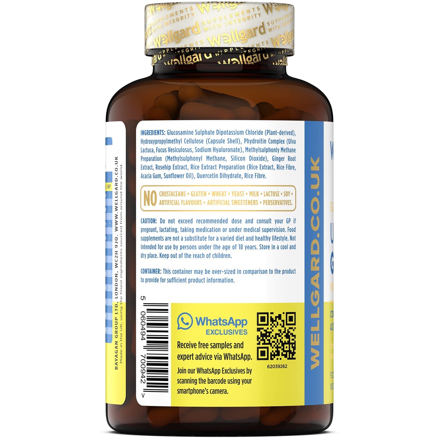 Vegan Glucosamine Phytodroitin by Wellgard - Quercetin, MSM, Botanical Alternative to Chondroitin (Phytodroitin), Ginger Extract, Extract, Rosehip, Made in UK