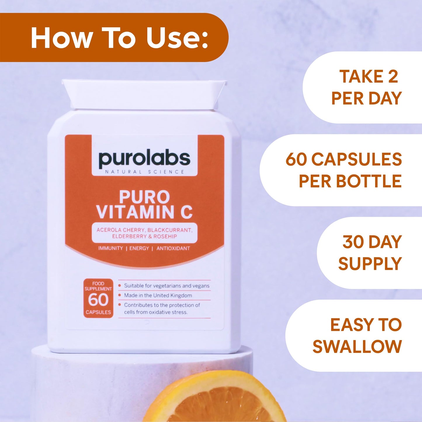 Purolabs Wholefood Vitamin C Supplement - Natural Complex from Acerola Cherry, Rosehip, Blackcurrant & Elderberry - High Strength Immune Support - 60 Capsules - Vegan