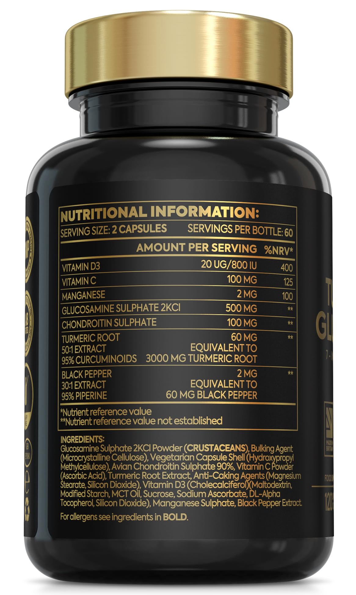 7-in-1 Turmeric and Black Pepper Capsules with Glucosamine and Chondroitin High Strength | Two per Day, 2 Month Supply | Turmeric Capsules High Strength 3000mg, Glucosamine Sulphate & Turmeric Tablets