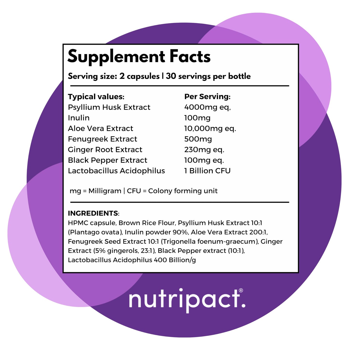 nutripact Fibre Supplement 7 in 1 Complex - Psyllium Husk 4000mg with Probiotics, Prebiotics, Aloe Vera – High Strength Natural Soluble Fiber – 60 Vegan Capsules - FYBR Pact by Nutripact