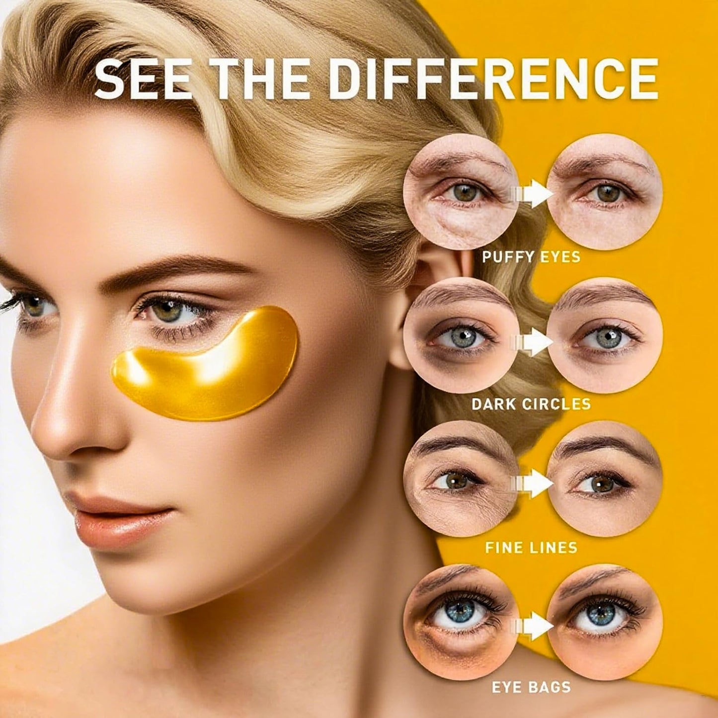 24K Gold Eye Mask, Collagen Eye Patches, Under Eye Gel Patches, Eye Masks for Puffy Eyes Dark Circles Bags Wrinkles Remover for Adults Women Men, Hydrating, Golden Pads 60PCS