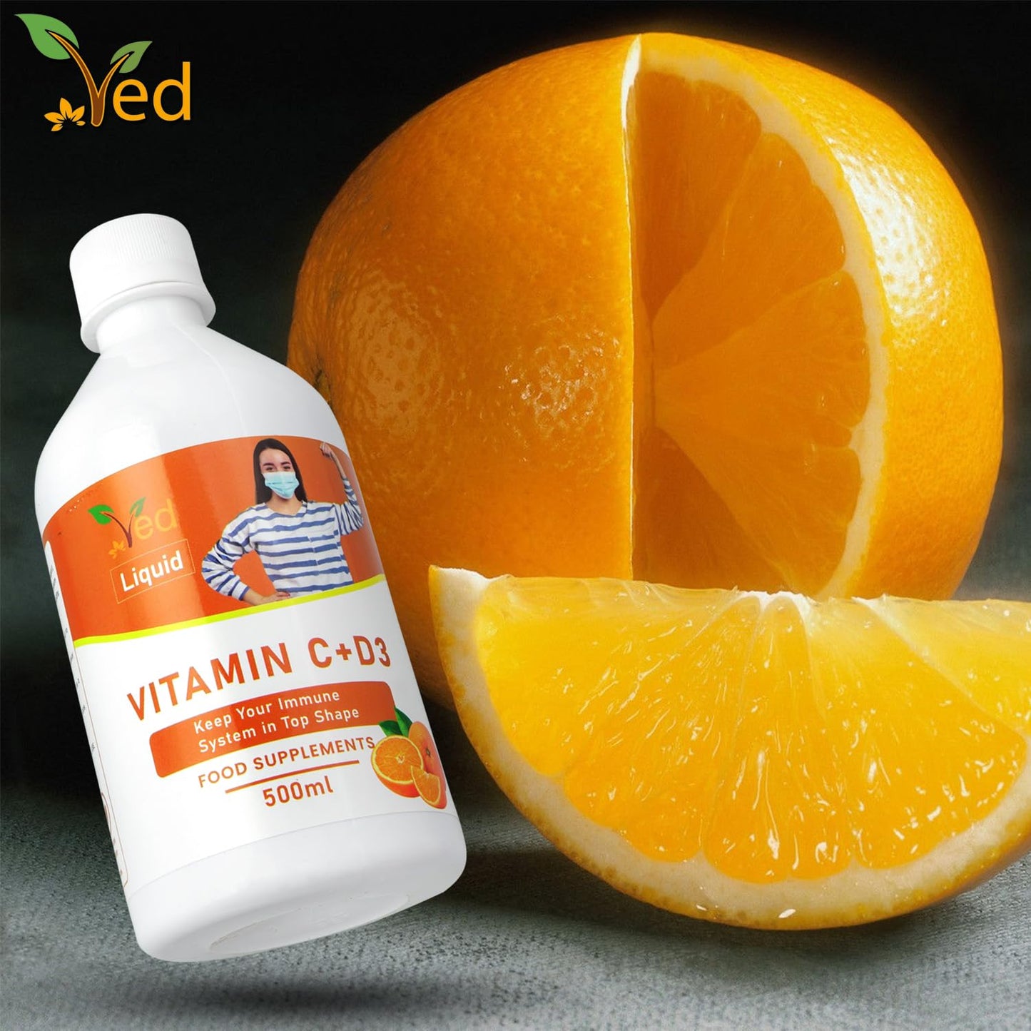 Ved Vitamin C & D3 Liquid Food Supplement for Adults - High Strength Vitamin D & Vitamin C per Dose- Support for Joints, Muscles & Immunity - Vegetarian - Orange Flavour (33 Days Supply)