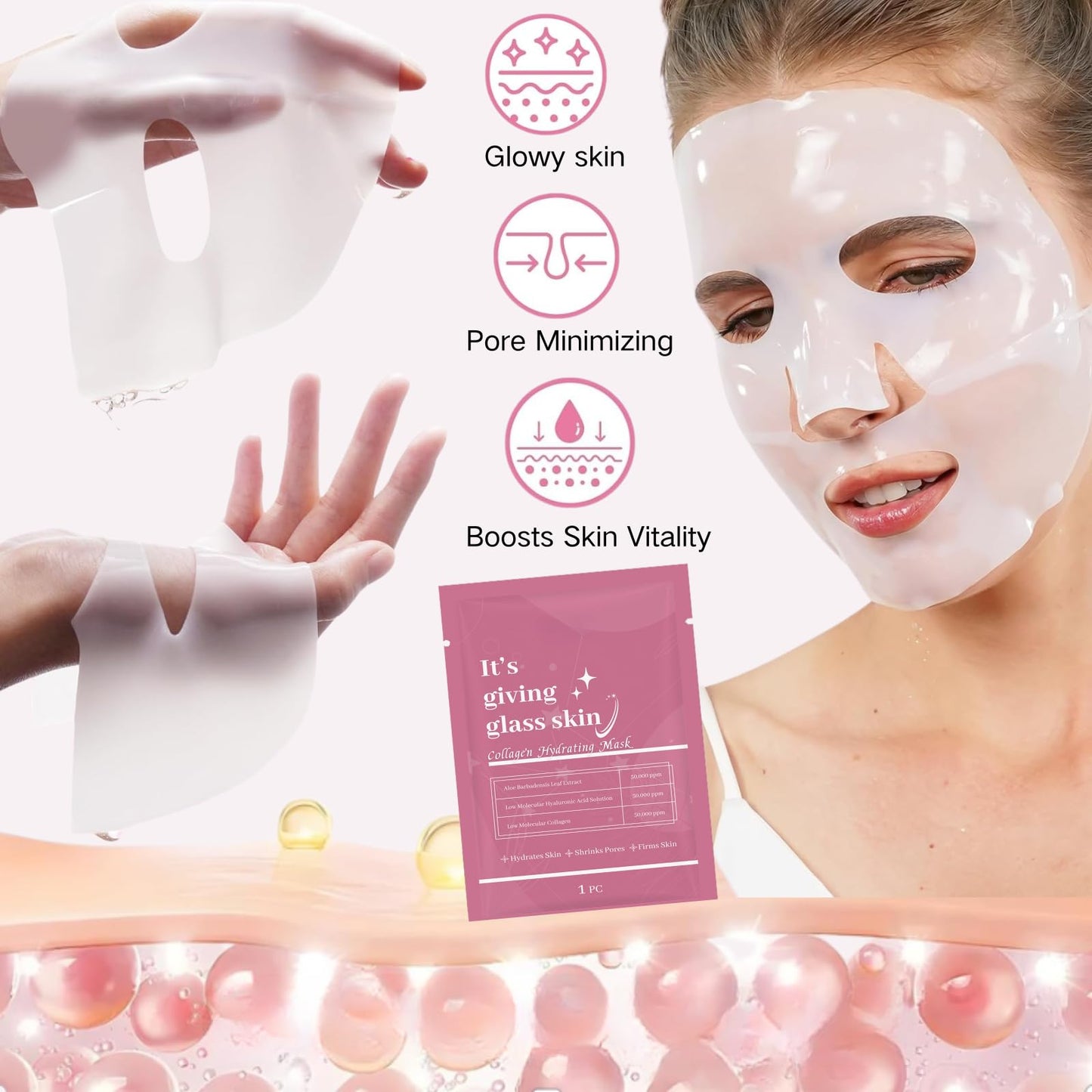 8PCS Glass Skin Collagen Mask - Deep Collagen Hydration Face Mask - Korean Skincare Face Masks for Firming & Moisturising - Collage.n Face Mask Overnight, Reduce Fine Lines & Wrinkles, Firming