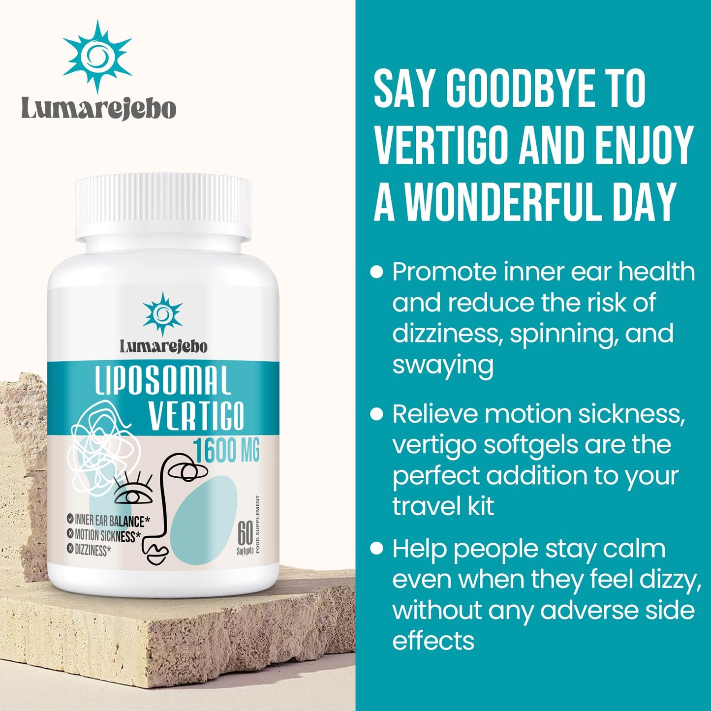 Lumarejebo Liposomal Vertigo Softgel 1600mg, Inner Ear Balance Supplement with Ginger & Ginkgo Extract, Relieve Motion Sickness & Dizziness, 60 Softgels