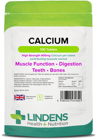 Lindens Calcium 400mg Tablets with Vitamin D3-100 Tablets - Contributes to Normal Muscle Function, Bones, Teeth and Digestion - 50 Days - UK Manufacturer, Letterbox Friendly