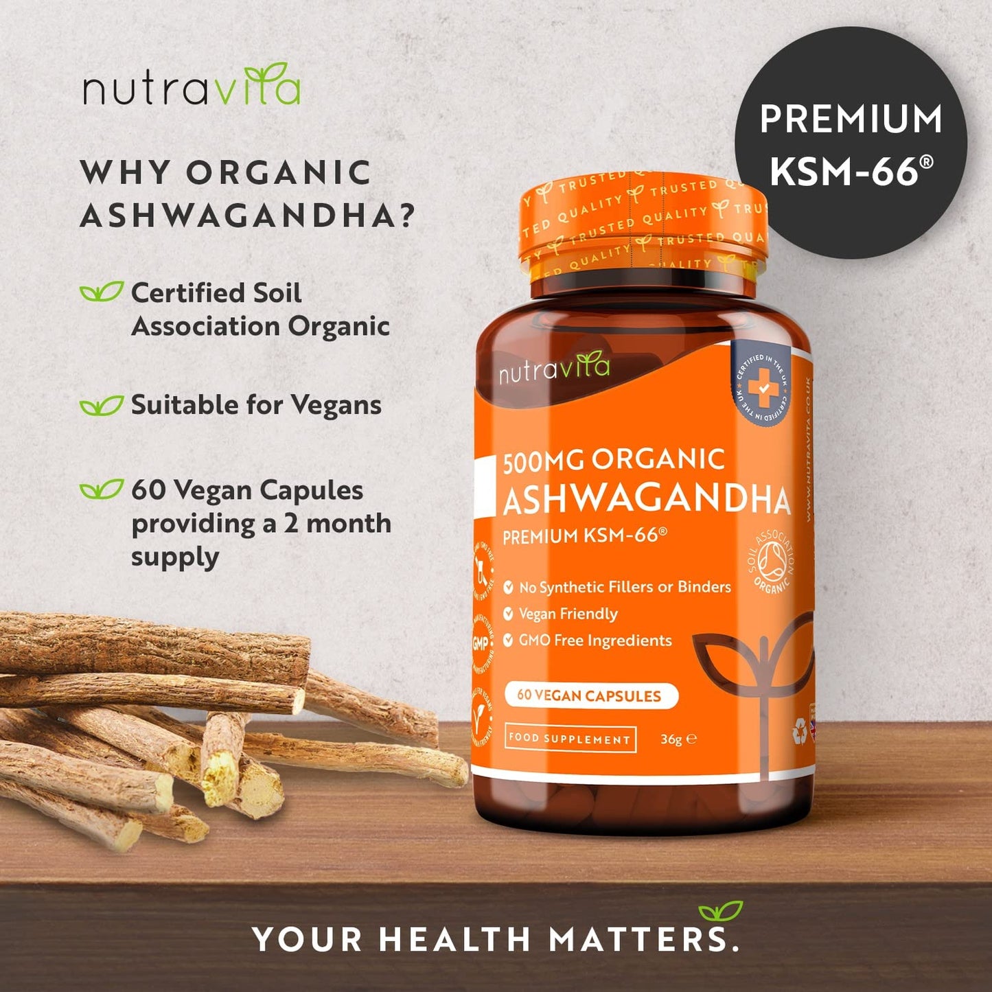 Organic Ashwagandha KSM-66® with 5% Withanolides - Vegan Friendly with The Highest Concentration Most Bioavailable Full-Spectrum Root Powder For Immune Support - Made in The UK by Nutravita