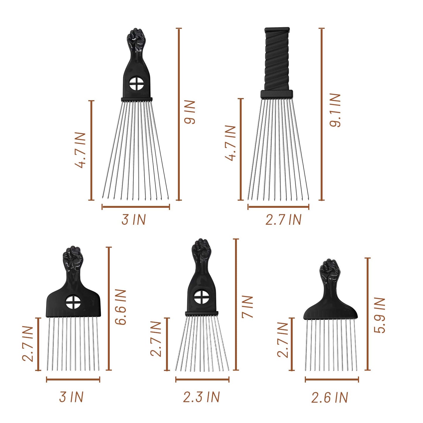 5 Pack Afro Pick Afro Comb Metal Picks for Hair, Afro Pick Combs for African American Hair Styling Tool Hair Comb for Hair Styling Hair Picks for Curly Hair Fist Pick for Hair