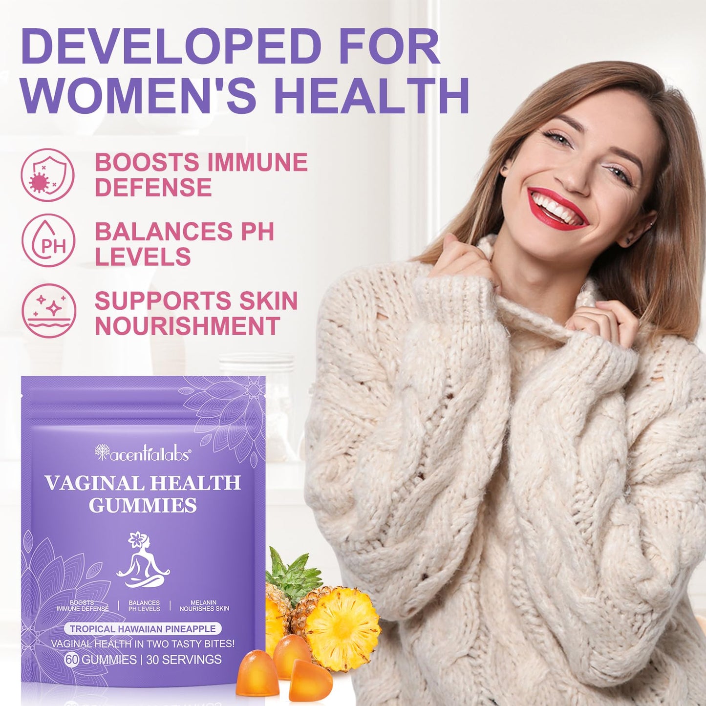 Uruses Feminine Balance Gummies 60 Pcs – Hawaiian Pineapple Flavour PH Balance & Immune Support for Women of All Ages, Gluten-Free & Vegan