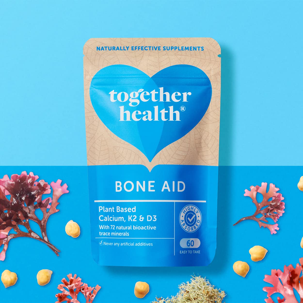 Bone Aid – Together Health – Plant-Based Calcium & Vitamins K2 & D3 – Vegan Friendly – Made in The UK – Pack of 6-360 Vegecaps
