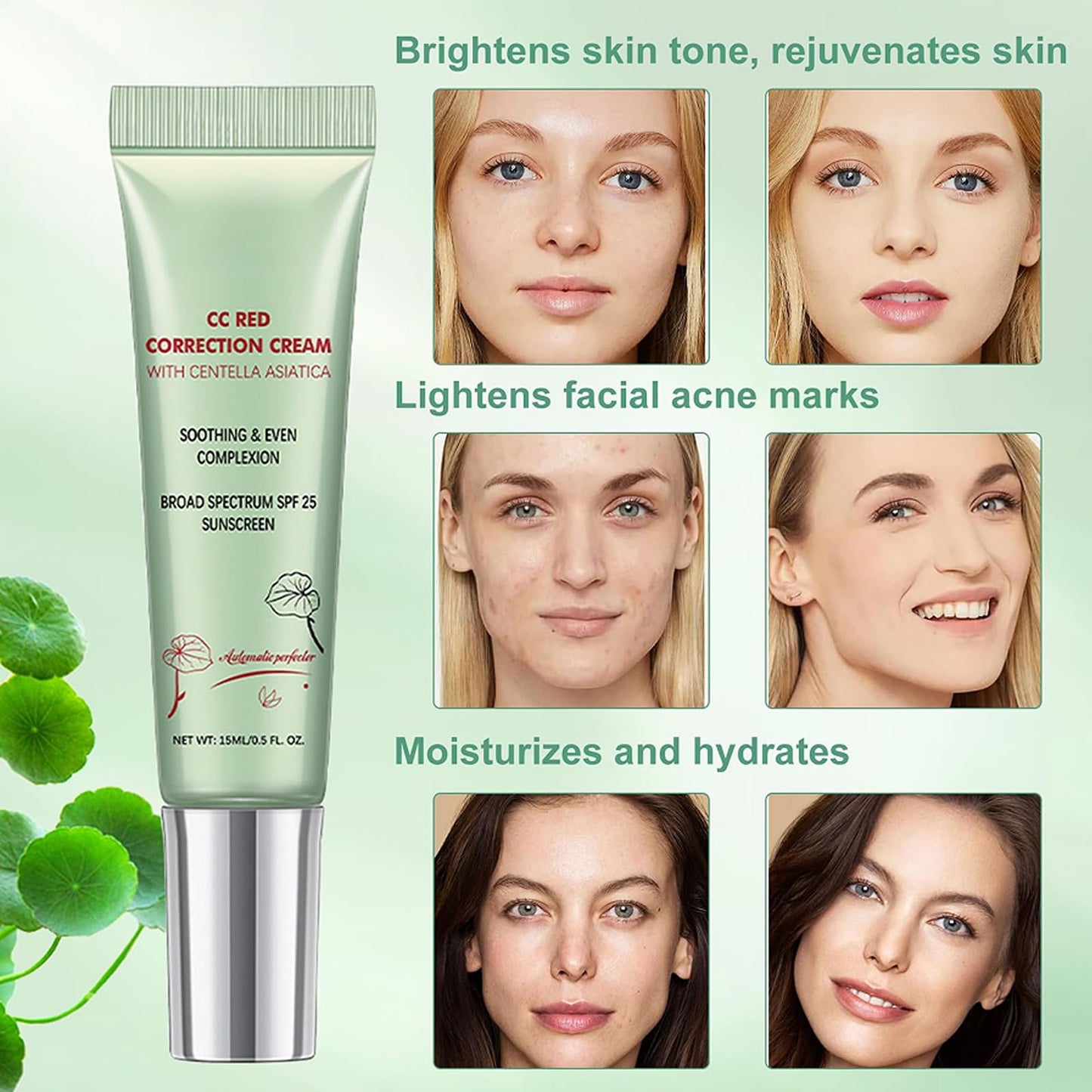 NLFOX CC Red Correct with Centella Asiatica - Colour Correcting Foundation with Spf 25 - Anti-Redness Face,Lightweight CC Cream Tinted Moisturiser - Refine Skin Texture,Softer&Hydrated Skin Green Concealer