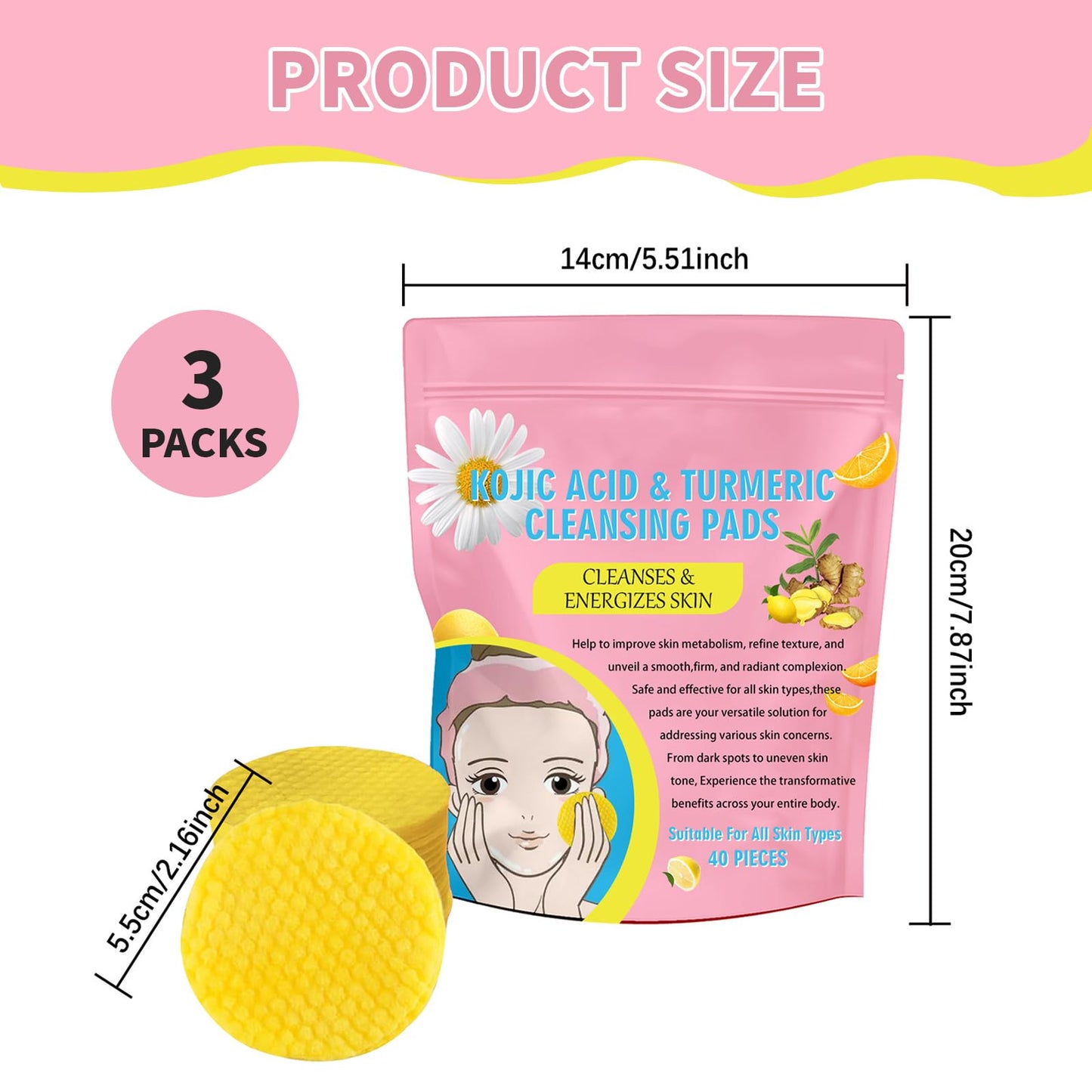 Xumann 3Pack/120PCS Turmeric Kojic Acid Pads, Exfoliating Turmeric Cleansing Pads, Balance Skin Oil and Water, Fades Discoloration