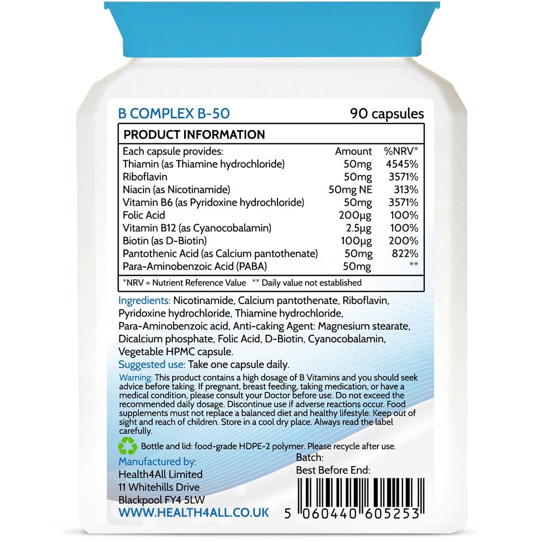 Vitamin B Complex B-50 90 Capsules (V) (not Tablets) High Potency Vegan B-Complex with PABA. Made in The UK by Health4All
