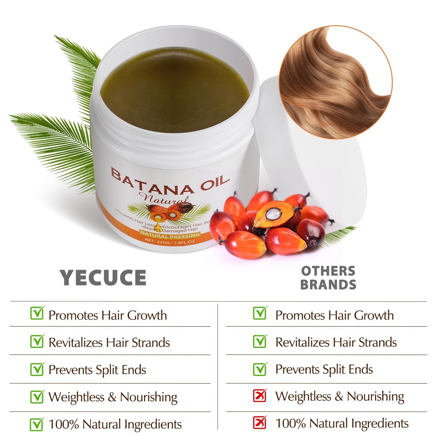 Generic 100% Pure & Natural Batana Hair Growth Oil (220g)-Eliminates Split Ends-Prevent Hair Loss-Increases Shine for Men & Women-For Thicker & Stronger Hair-Repairs Damaged Hair & Skin For Men & Women,7.8 Oz