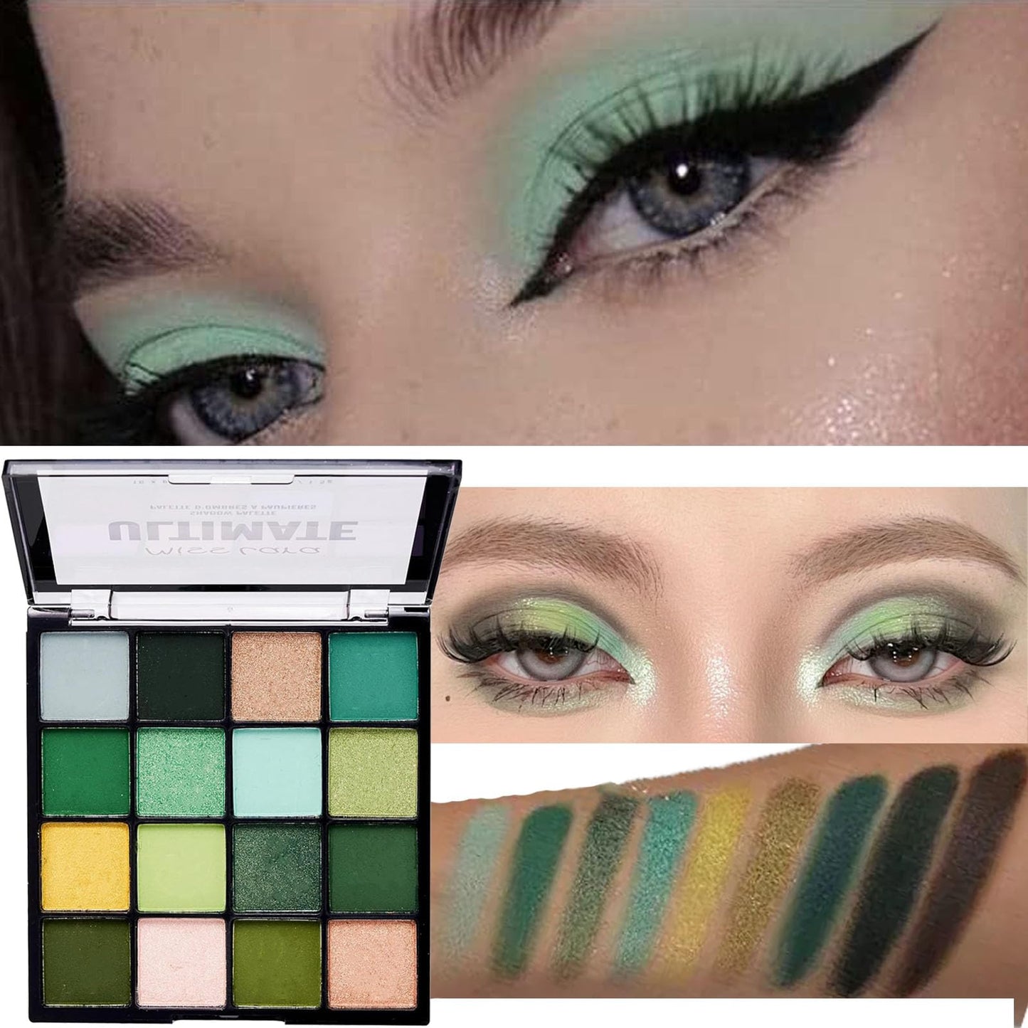 QUIWEN Green Eyeshadow Palette, 16 Colour Glitter Matte Eye Shadow Pallets For Women, Highly Pigmented Green Forest Eyeshadow Make Up Palettes Long Lasting Waterproof Dark,Yellow,Green,Cyan Eye Pallet
