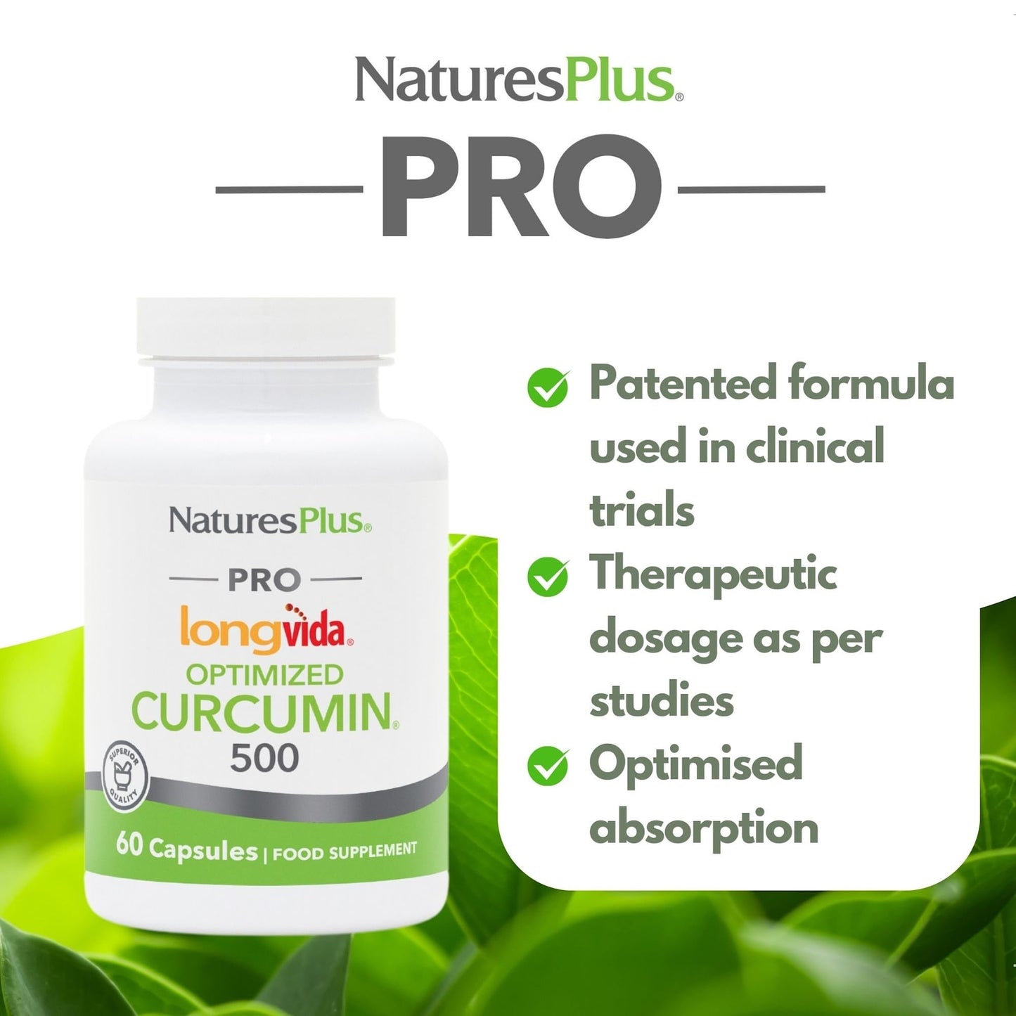 Nature's Plus NaturesPlus PRO Optimized Curcumin Longvida 500 mg Capsules - Superior Absorption Turmeric Extract, One a Day - Vegan, Gluten Free - 60 Capsules