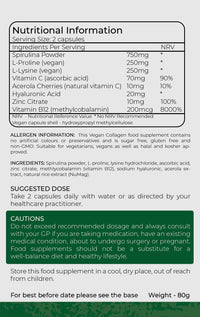 Vegan Collagen Supplement | 1400mg | Spirulina | L-Lysine | L-Proline | Acerola Cherries | Vitamin C & B12 | Zinc | Hyaluronic Acid | UK Made