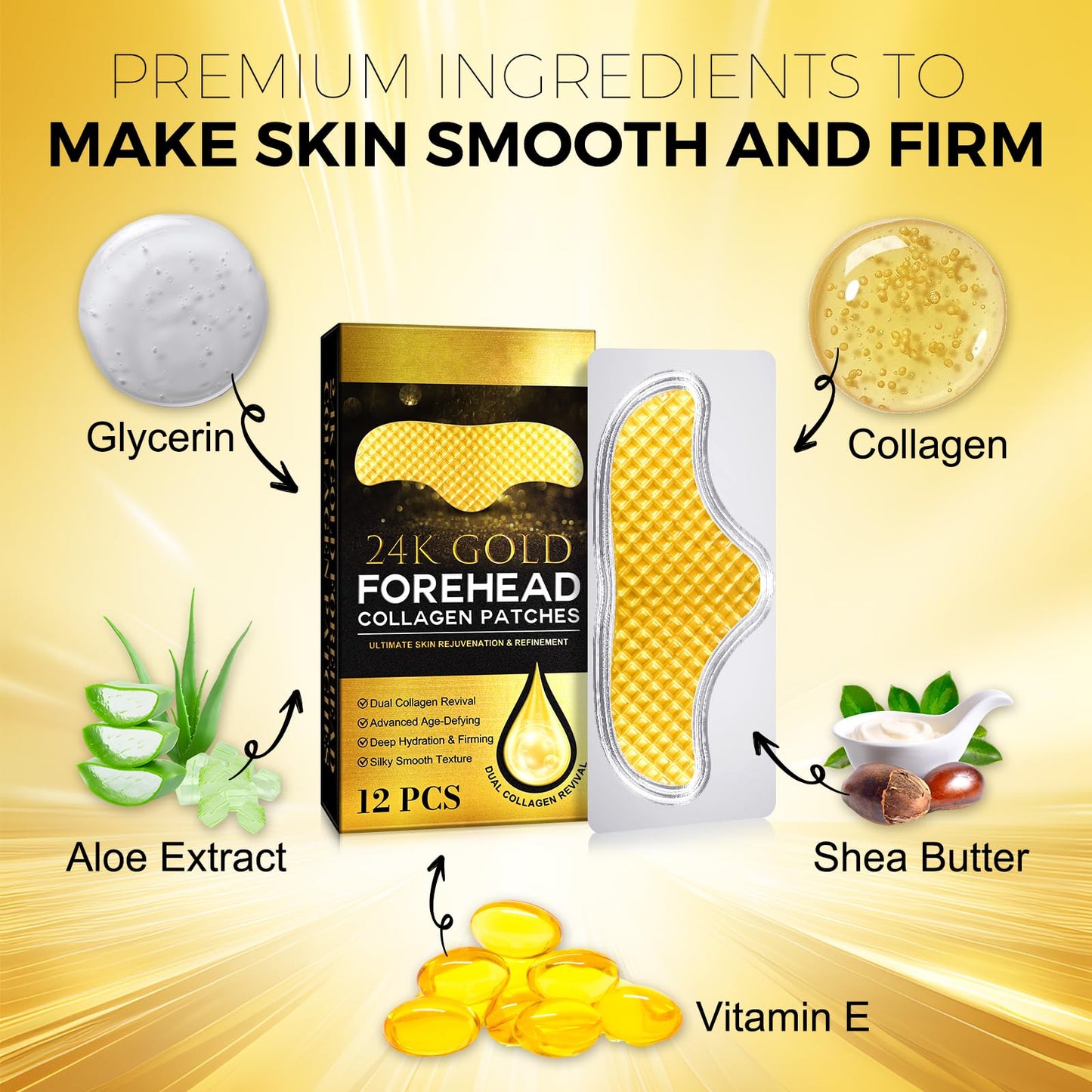 Collagen Forehead Wrinkle Patches, 12PCS 24K Gold Forehead Patches for Wrinkles, Anti Wrinkle Patches Anti-Aging Moisturising & Wrinkle Reduction, Collagen Regeneration and Skin Tightening