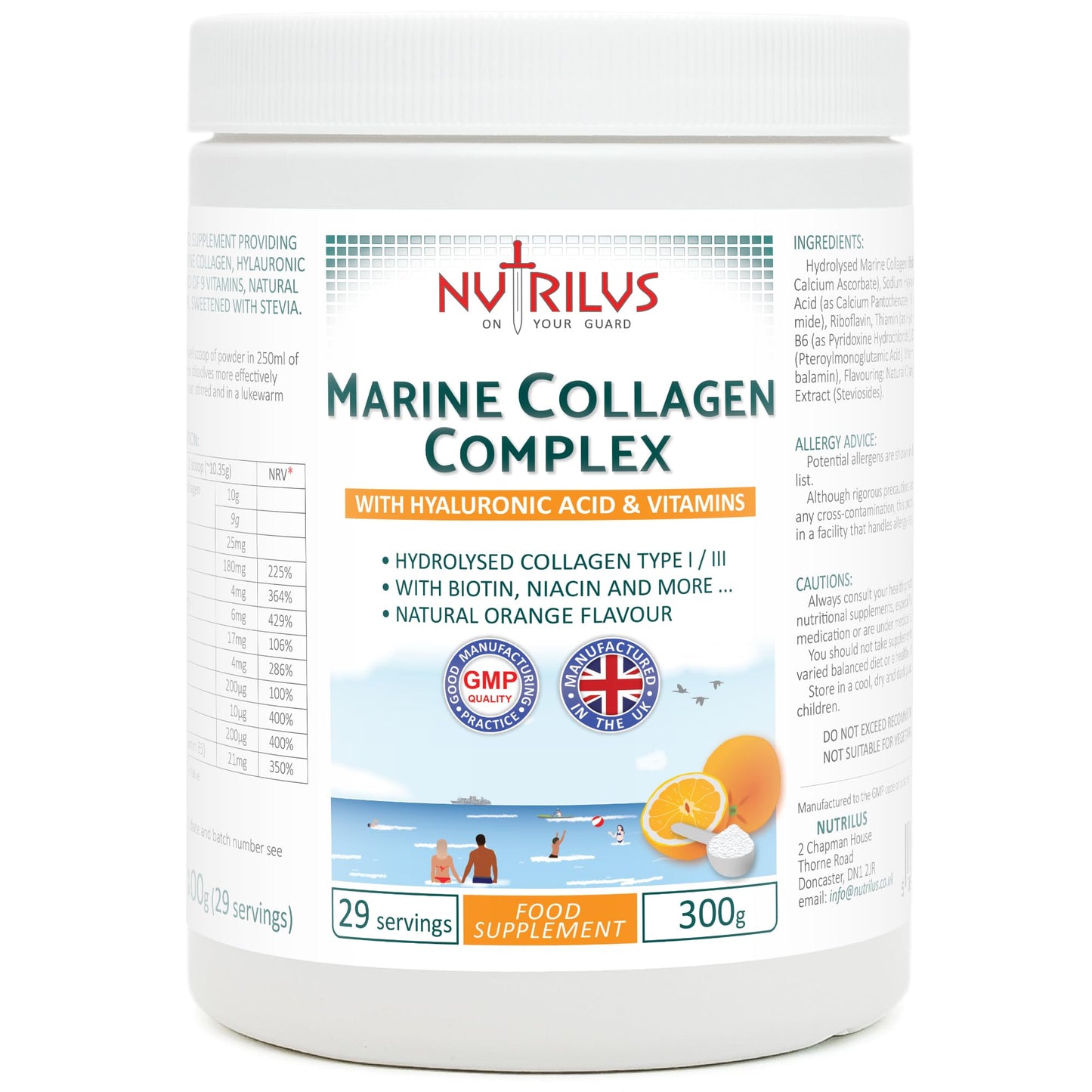 Nutrilus Hydrolysed Marine Collagen Powder 300g with Hyaluronic Acid and Vitamins - 29 Servings - with Biotin, Folic Acid, B12 & more - High Protein - for Skin, Hair, Nails, Joints (Orange)