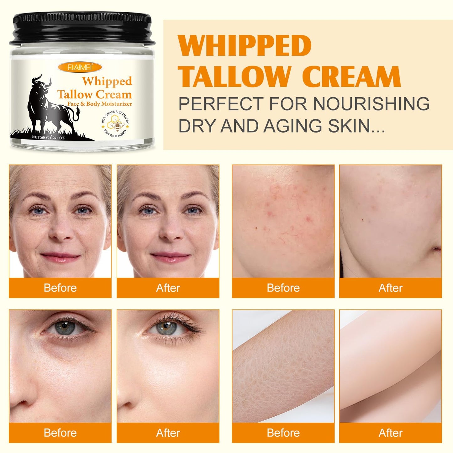 Uruses Beef Tallow Honey Cream, Beef Tallow Skin Care for Body and Face, Long-lasting Moisturizing, Reducing Face Fine Lines, Anti-aging, Strengthening Skin Barrier, Anti-dryness Hand & Foot Cream - 60g