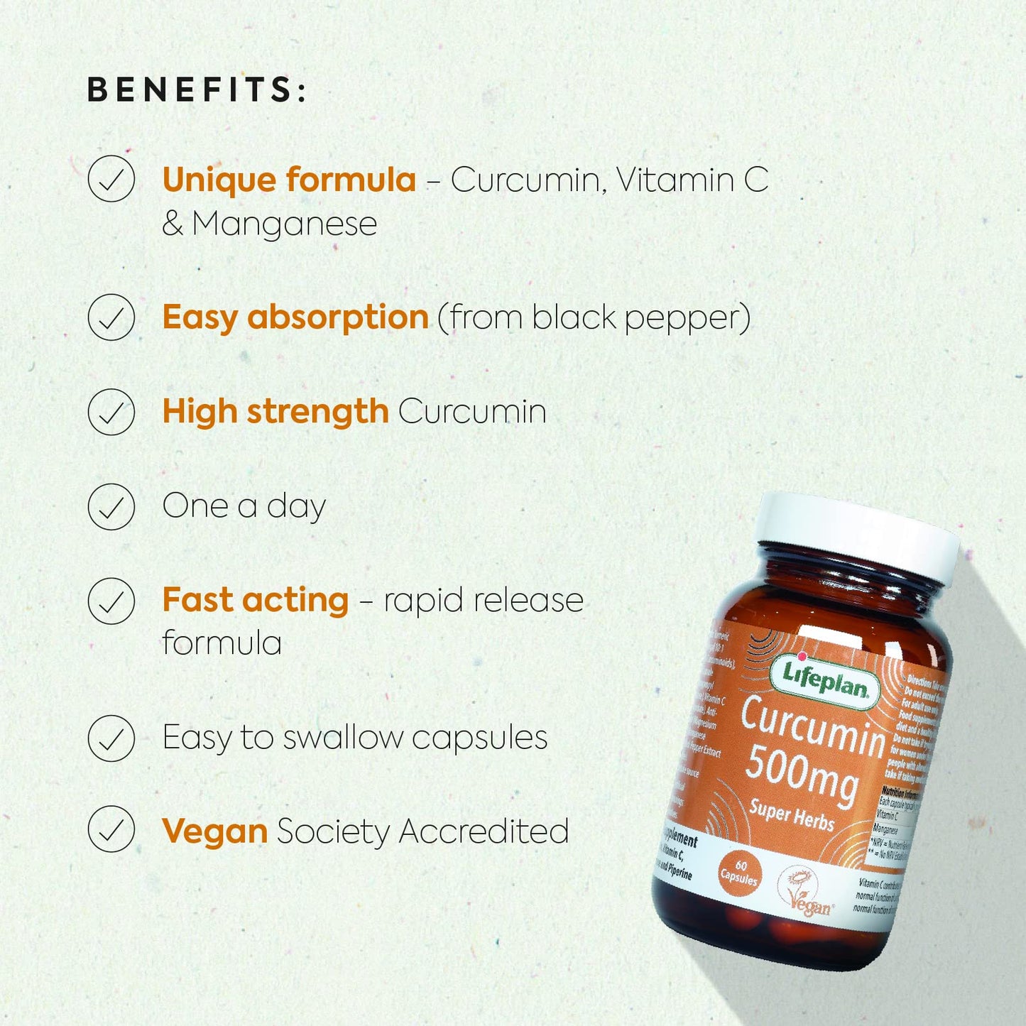 Lifeplan Super Herbs Curcumin 500mg (60 Capsules) — with Vitamin C and Manganese and Piperine — 60-Day Supply
