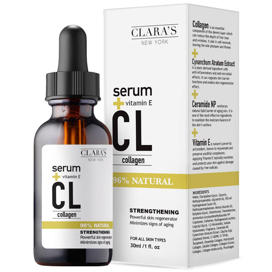 Clara's New York Strengthening Collagen Facial Serum with Vitamin E Oil, Anti-Aging Serum for Face, Minimises Fine Lines and Wrinkles, Skin Regenerating, For All Skin Types 30ml