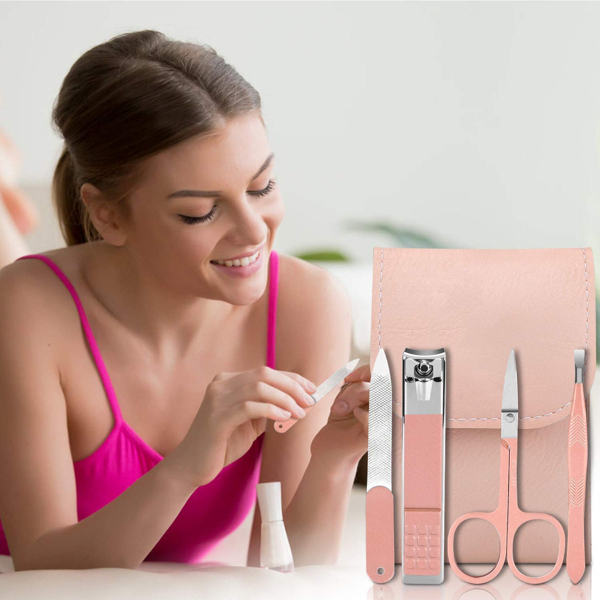 Aceoce Manicure Set Men Travel Nail Clipper Kit - Mini Luxury Manicure 4 in 2 Manicure & 1 Nose Hair Scissors Stainless Steel Professional Pedicure Set Travel Nail Grooming Kit Gift for Men Lovers Parents