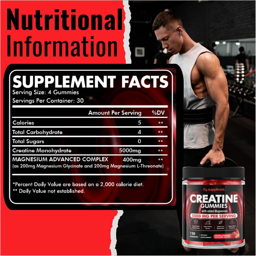 Creatine 120 Gummies Max 5000mg for Men and Women Creatine Monohydrate with Added Magnesium - Chewable Gummies, Strawberry Flavour (1 Month Supply)