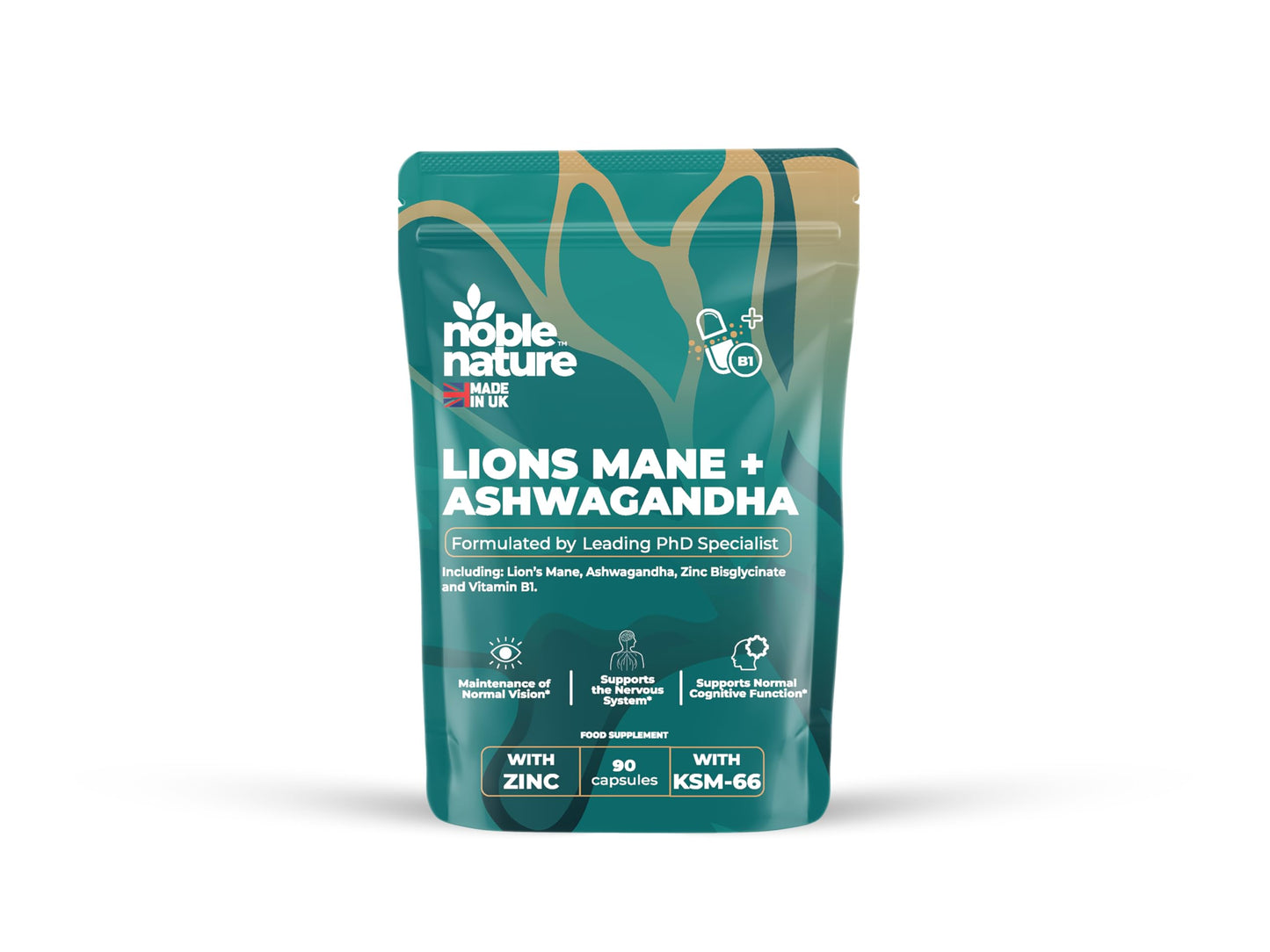 NobleNature Noble Nature 267mg Lions Mane + 250mg Ashwagandha KSM 66 4-in-1 Formula – with 10mg Zinc Bisglycinate and 1mg Vitamin B1 Capsule Supplement – Adaptogens for Calm Brain, Stress, Mood, & Health (90)