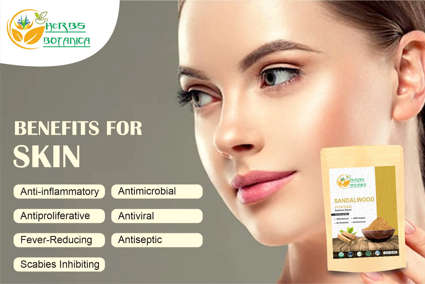 Herbs Botanica Chandan (Sandalwood) Powder Organic 100gm / 3.52 oz For Skin, Face Pack, Face Mask, Worship Tilak, Auspicious Occasions 100% Natural