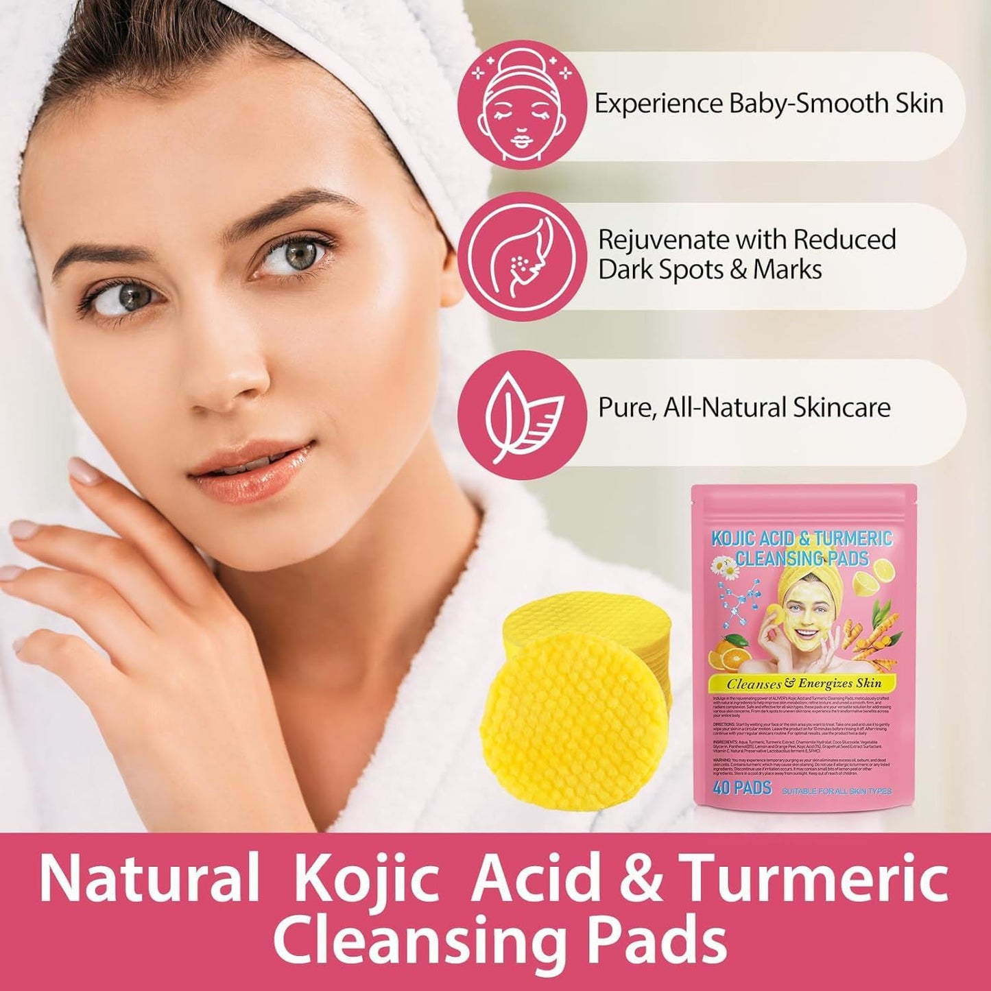 gcdat Turmeric Cleansing Pads, Kojic Acid and Turmeric Cleansing Pads, Face Pads, Sugar Turmeric Cleansing Pads for Face Cleansing and Exfoliation, Helps Balance Skin Oil And Water, 40PCS